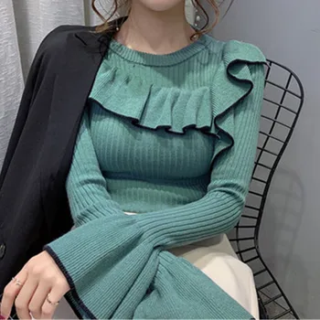 Moterų 2021 M. Rudenį Seksualus Korėjos Susiėmę O Kaklo Mezgimo Megztinis Megztinis Moteriška Naujas Žiemos Mados Juoda Retro Trumpas Ploni Megztiniai
