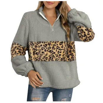 Moterų Atsitiktinis Kratinys Leopardas Spausdinti ilgomis Rankovėmis Pliušinis Užtrauktukas Megztinis Žiemos mados V-kaklo ponios šiltas megztinis (puloveris)