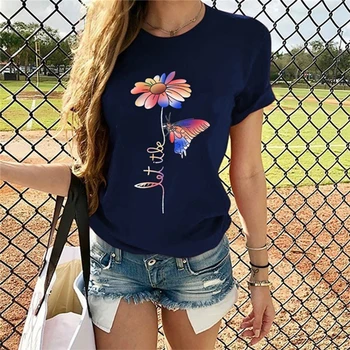 Moterų Atsitiktinis Marškinėlius Trumpomis Rankovėmis Viršūnes Tees Seksualus Drugelis Daisy Grafinis Spausdinti T-Shirt O-Kaklo Vasaros 2020 Lady Moteris