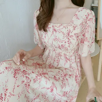 Moterų Atsitiktinis Vasaros Derliaus Suknelės Gėlių Atspausdintas Šifono Suknelė Aikštėje Apykaklę, Trumpas Rankovės Lady 