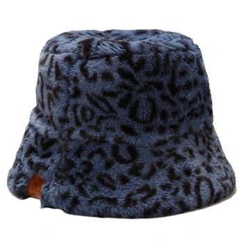Moterų Derliaus Leopard Tirštėti Fuzzy Pliušinis Kibiro Kepurę Dirbtiniais Odos Etiketė Kratinys Žiemą Šiltas Packable Žvejo Kepurė