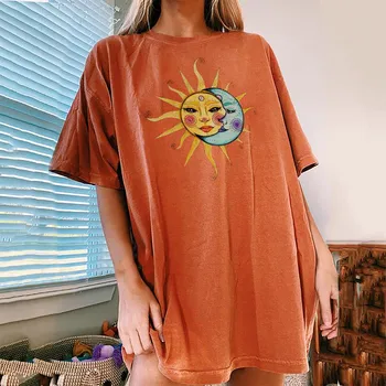 Moterų Derliaus Saulės Ir Mėnulio spausdintą Modelio Atsitiktinis trumpomis Rankovėmis Viršūnes Palaidinė Stilingas Viršūnes Moterų Camisetas