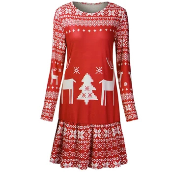 Moterų Kalėdų Spausdinti Mini Suknelė Atsitiktinis O Kaklo Ponios Atostogų Ilgomis Rankovėmis Snaigės Kalėdų Medžio Trumpos Suknelės