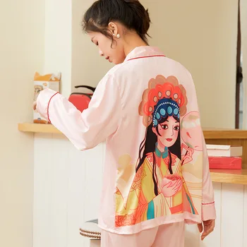 Moterų Kinų Stiliaus naktiniai marškiniai, pižamos Pižamos Nustatyti Sleepwear ilgomis Rankovėmis Satino Spausdinti Pijama Viršų ir Ilgos Kelnės naktiniai drabužiai