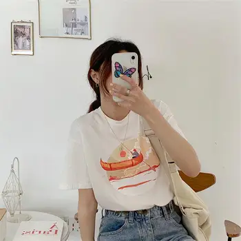 Moterų korėjos Harajuku Prarasti Atsitiktinis Ins Kraštovaizdžio Print T-marškinėliai, moteriški marškinėliai Topai Japonijos Kawaii Ulzzang Drabužiai Moterims