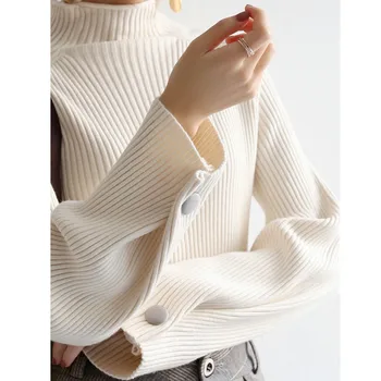 Moterų Megztinis Rudenį, Pavasarį Paprasta Dugno Marškinėliai Pusė Golfo Atsitiktinis Kintted Megztinis Baltas Megztinis Femme Plius Dydžio megztinis