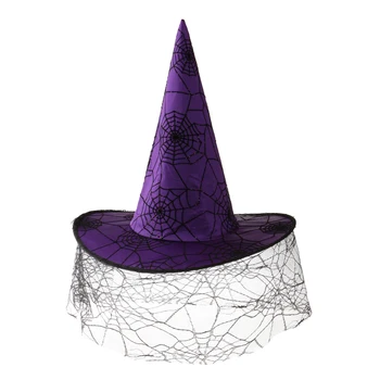 Moterų, Mergaičių Halloween Pasiekė Bžūp Šydas Spiderweb Violetinę Satino Ragana Skrybėlę Šalies Kostiumų Priedų