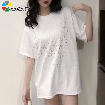Moterų Trumpomis Rankovėmis Plius Dydis T-Shirt Blizgantis Star Atsitiktinis Palaidų Korėjos Versija Vientisos Spalvos Tiesiai Mados Klubas Vasarą Tees