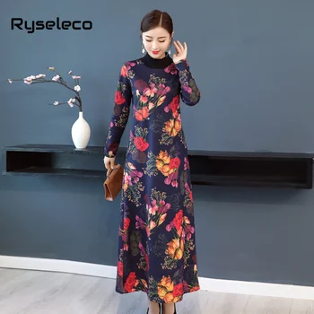 Moterų Žiemos Kinų Stiliaus Prarasti Atsitiktinis Suknelė Moterų Didelis Pliusas dydis Negabaritinių Gėlių Golfo ilgomis Rankovėmis Vilnos Pagrindinio Suknelė 4XL