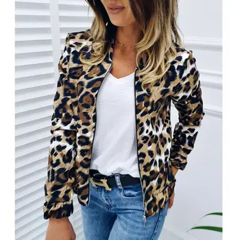 Moterų Žiemos Striukė Paltai, Leopardas Spausdinimui Zip Dviratininkas Pasėlių 2020 Streetwear Atsitiktinis Mados Office Ponios Outwea