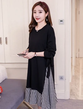 Motinystės drabužiai 2019 korėjos versiją, rudenį naują atsitiktinis ilgomis rankovėmis susiuvimo ilgai dalyje nėščioms moterims suknelė