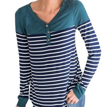 Nauja, Moterų Ilgas Rankovėmis V-Kaklo Dryžuotas marškinėliai 2018 Mados Ponios Atsitiktinis Palaidų Topai Marškinėliai Plius Dydžio Trišakius Viršūnes Mygtuką S-3XL