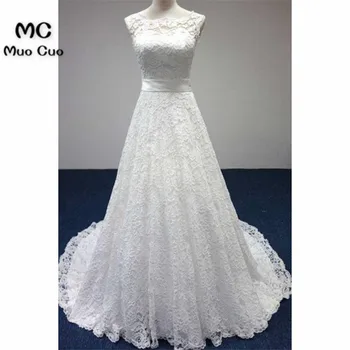 Naujas 2018-Line Sheer Lace Vestuvių Suknelės Appliques Chalatas de mariage Valymo Traukinio Scoop vestido de noiva Vestuvinės Suknelės