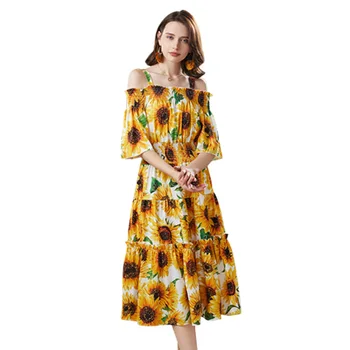 Naujas atvykimo 2020 metų Vasaros kilimo ir tūpimo Tako Saulėgrąžų Printed Dress Moterų aukštos klasės Elegantiškas Gėlių Spausdinti Sundress ilgos suknelės vestidos