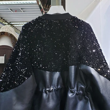 Naujas Mados Blizgančiais Pleistras Stiliaus Striukė Moterims Retro Prarasti PU Striukės Lady Streetwear Paltai Moterų Juodos spalvos Kailio Liemenė