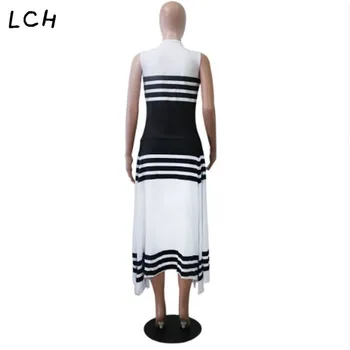 Naujas moterų rankovės mažiau o-kaklo black white stripes nereguliarus hem-line ilgas, maxi suknelė mados atsitiktinis vestidos 2 spalvos