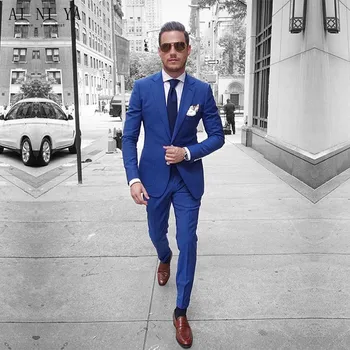 Naujus Mėlynos spalvos švarkas oficialių verslo kostiumai, slim fit švarkas vyrams kostiumu vyriški vestuvių kostiumai groomsmen smokingas užsakymą (striukė+kelnės)