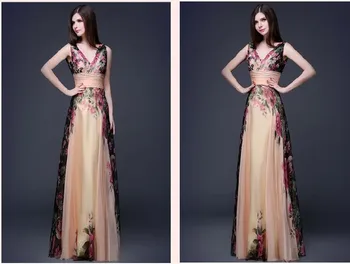 Naujų mergaičių kokybės dizaino ilgas spausdinimo suknelės moterų mados vasaros atostogų klubo gėlių suknelės lady V kaklo elegantiškas XL L #L317