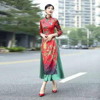 Naujų septynių ketvirčių rankovės moterų atlasas cheongsam qipao vakarinę suknelę, kinų, rytietiškas suknelė tradicinės kinų suknelė retro V743