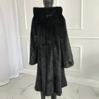 Nekilnojamojo audinės kailio paltas su gobtuvu, ilgai stiliaus prabangus moterų žiemos natūralaus audinės kailio paltas populiarus šiltas visiškai pliaupti visą rankovėmis