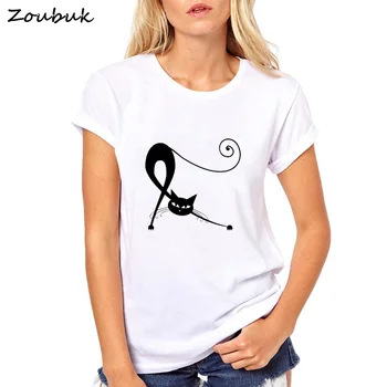 Neklaužada Juoda Katė marškinėliai moterims Katė silhouetter ir širdies originalus prekių viršūnes tee mados atsitiktinis marškinėliai