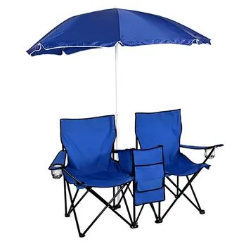 Nešiojamų Lauko 2-Sėdynės Sulankstomos Kėdės su Nuimamu Saulės Paplūdimio Skėtis