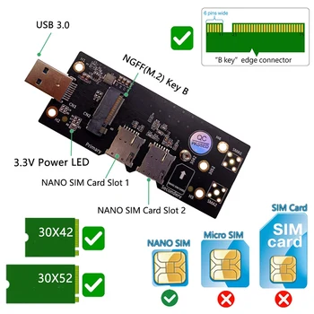 NGFF M. 2 Raktas B USB 3.0 Adapteris Riser Card su Dviguba NANO SIM Kortelės Lizdas Jungtis WWAN/LTE Modulis
