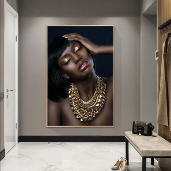 Nuogas Afrikos Moteris, Aukso Mergina Karoliai Portretas, Drobė, Tapyba Cuadros Plakatai ir Spausdina Sienos Meno Nuotrauką Kambarį Dekoro