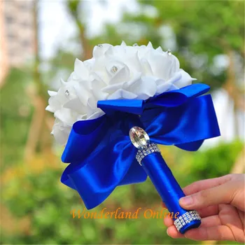 Nuotakos Puokštė Vestuvių Puokštė Elegantiškas Dirbtinių Rožių Vestuviniai Žiedai Crystal Royal Mėlyna Šilko Juostelės Naujas Buque De Noiva YYW09