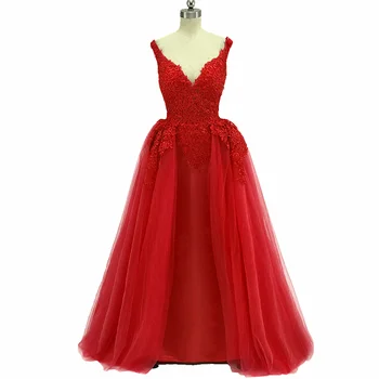 Nėriniai Appliques Undinė Ilgai Prom Dresses Raudona 2020 Iliuzija Giliai V Kaklo Oficialią Vakaro Suknelės Linijos Tiulio Moterų Šalis Suknelė
