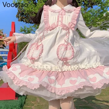 Originalus Japonų Saldus Lolita Jsk Suknelė Moterims Mielas Animacinių Filmų Triušis Raukiniai Lankas Rankovių Princesė Suknelės Mergina Arbata Šalis Suknelė