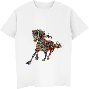 Paslaptingas spalvų Gėlės Animacinių filmų Arklių Atspausdintas T-shirt Vasaros Unisex Medvilnės marškinėliai Vyrams, Atsitiktinis Marškinėliai Cool Tees Hip-Hop Viršūnės