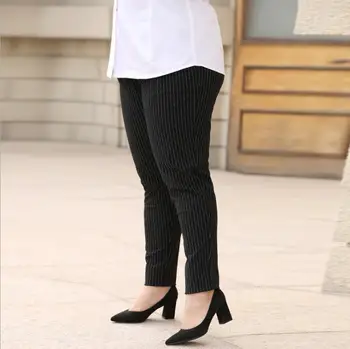 Plus Size Dryžuotos Kelnės Atsitiktinis Juodos Kelnės Vidurio Juosmens 2019 M. Rudenį Pieštuku Kelnės Moterims Atsitiktinis Office Lady Darbo Drabužiai Kelnės