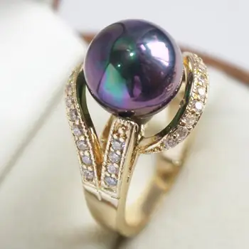 Ponia elegantiškas naujų papuošalų 18KGP su crystal dekoruoti &12mm violetinė shell perlų žiedas(#7.8.9)