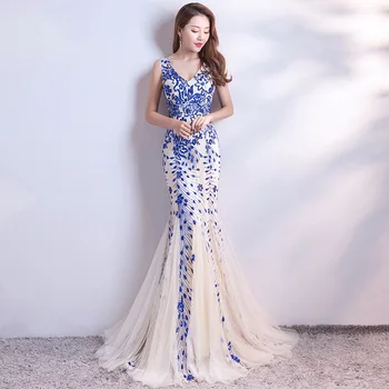 Ponios vakarinę Suknelę Naujo Pokylių Kilnų Temperamentą Elegantiškas Priimančiosios Ilgai Giliai V-kaklo Slidinėti China Suknelė