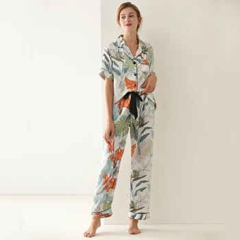 Ponios Šilko Satino Pajama Nustatyti Trumpas Rankovės Pyjama Femme Spausdinti Pijama Mados Sleepwear Naktiniai Drabužiai Moterims