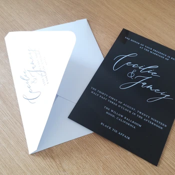 Prabangaus dizaino vestuvinis kvietimas populiarus kinijos vestuvių akrilo kortelės mėginio,juoda akrilo kortelės spausdinimo baltas laiškas spausdinti paketas