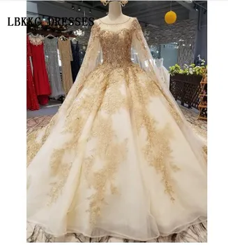 Prabangus Šampanas Aukso Ilgomis Rankovėmis Kamuolys Suknelė Vestuvių Suknelės, Uždusęs Vestuvių Suknelės Vestido De Noiva