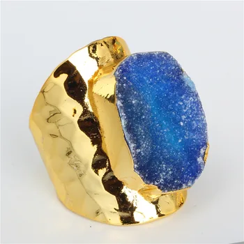 Prabangūs Papuošalai Royal Blue Neapdorotų Žaliavų Druzy Kristalų, Pusbrangių Akmenų, Aukso Spalvos Kalti Reguliuojamas Atidaryti Žiedas Unisex Vyrai