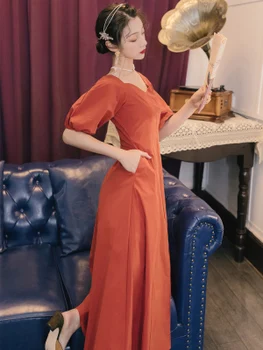 Prancūzijos Retro Stiliaus Sluoksniuotos Rankovėmis Raudona Suknelė Moterims Ritininės Rūmų Kilimo Ir Tūpimo Tako Suknelės, Elegantiškos Moterys Maxi Suknelė Ponios