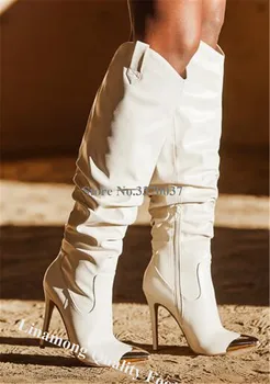 Prekės ženklo Dizainas Moteris Nurodė, metalinėmis Stiletto Kulno Per kelius siekiantys Batai Slip-on Baltos, Juodos spalvos Aukšto Kulno Ilgi Batai Motociklo Batai