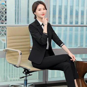 Profesionalus moterų oficialų kailis hotel registratūra prekybos vadovas darbo kostiumas korėjos versija slim black ilgomis rankovėmis olis