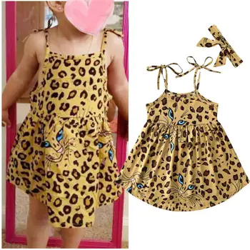 Pudcoco Kūdikių Pavasario Mados 2020 Metų Vasaros Kid Baby Girl Suknelės Leopard Suknelė, Lankelis Mini Sijonai Sundress