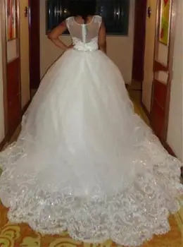 Puošnios Nėrinių Kamuolys Suknelė Plius Dydis Afrikos Vestuvių Suknelės Vien Kaklo Koplyčia Traukinys Balto Tiulio Vestuvinės Suknelės 2021