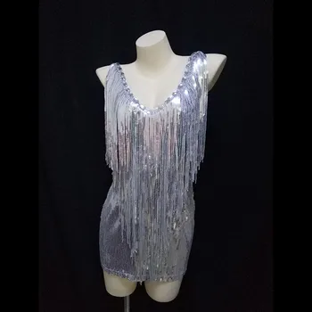 R56 Seksuali moteris ašigalio šokių suknelė sidabro quins maišelį klubo sijonas dj rankovių kutai, sidabro blizgančių apranga atlikti aprengti kostiumas