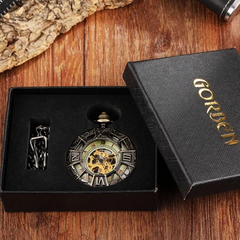 Retro Tuščiaviduriai Ssteampunk Vyrų Kišenėje Žiūrėti Mechaninė Cool Dizaino FOB Grandinę Bronzos Kišeninio Laikrodžio Vyrų relojes de bolsillo