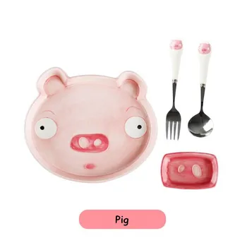 Rožinė kiaulė modelis stalo šaukštas kūrybos miško gyvūnėlių keramikos pusryčių patiekalas Patiekalas šaukštas šakutė 4 rinkiniai mielas animacinių filmų vaikams, stalo reikmenys