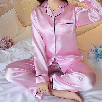 Rudenį Šilko Satino Pižama Pižamos Nustatyti Ilgomis Rankovėmis Sleepwear Pijama Pižama Kostiumas Moterų Miego Dviejų Dalių Komplektas Loungewear Plius Dydis