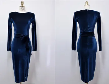 S-XXL Dydžio 2021 M. Rudens Žiemos Juodo Aksomo Suknelės Moterims, Kietas ilgomis Rankovėmis Mėlyna Bodycon Derliaus Suknelės Padalinta Apvalkalas Suknelė