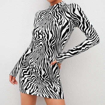 Seksuali Mini Suknelė Moterims Zebra Modelis Ilgomis Rankovėmis Bodycon Šalies Klubas Suknelė